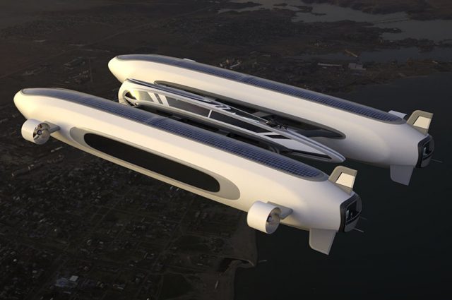 Un concept futuriste d'Air Yacht capable de survoler le ciel et de flotter sur l'eau